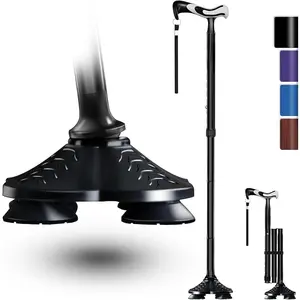 Walking Cane for Men Women Stability, Free Standing Foldable Cane, Ergonomic Handle Pivoting Quad Base, Heavy Duty 350 LBs, Adjustable Walking Canes for Seniors Balance with Travel Bag