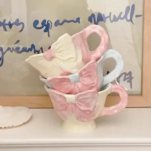 Hand-Painted Bowknot Ceramic Coffee Mug, 180ML Flat Handle Cup for Cafe Latte, Office Milk Glass, Holiday Gift, Tea Time Decor, Ceramic Mugs