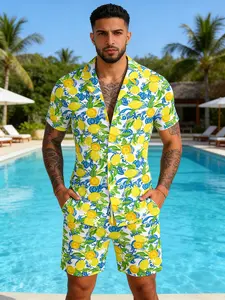 Men's Casual Holiday Short Sleeve Flower Shirt Drawstring Shorts Set Lemon Print Two-Piece Soft Stretch Fabric Essential