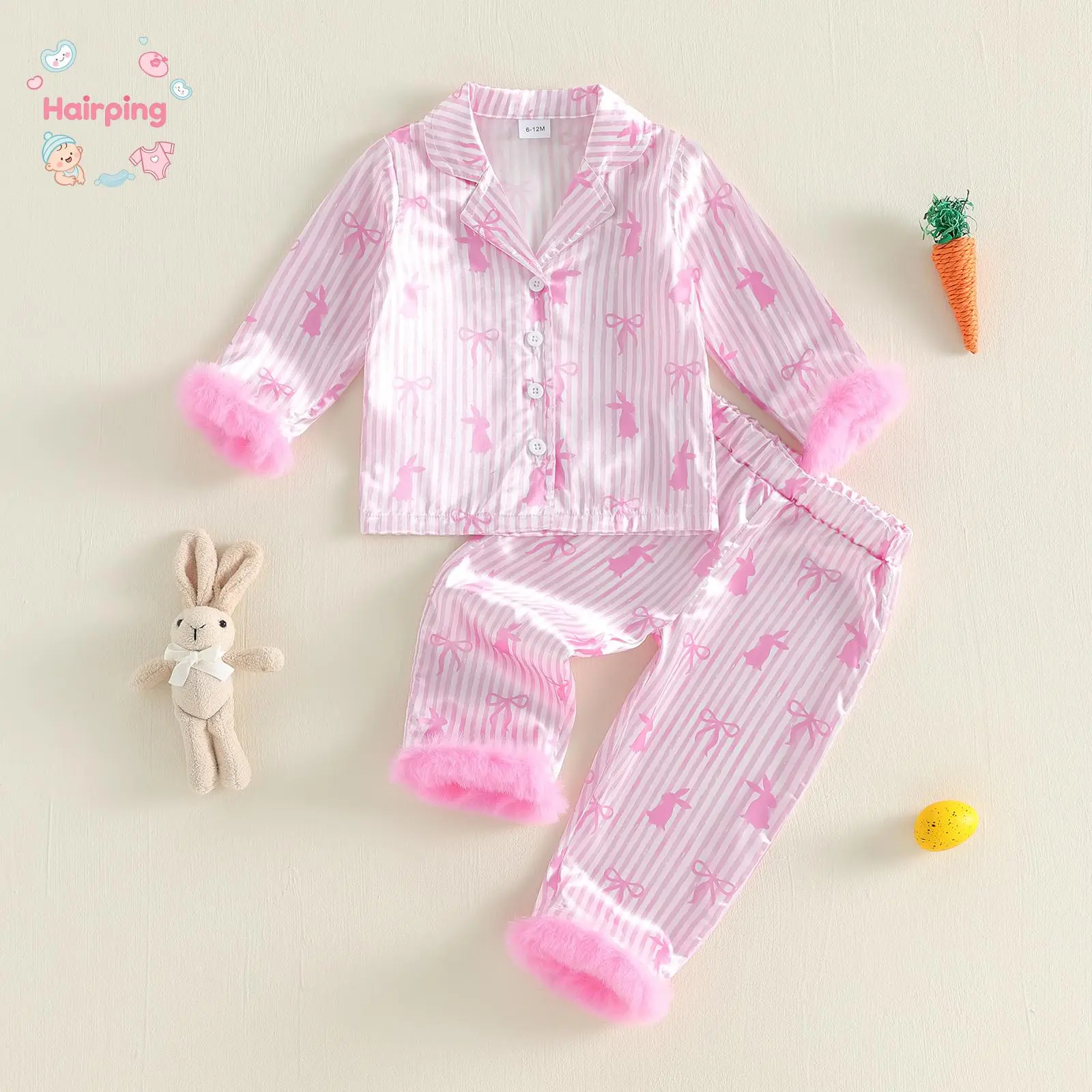 Girls' 2-Pcs Cute Easter Collared Pajama Set - Polyester Long Sleeve Button-Down Bunny Bow Print Top, Elastic Waist Straight Pants Matching Pajamas Set