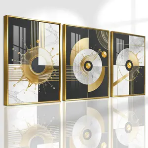 3 Counts Aluminum Alloy Framed Painting, Abstract Golden Splash Geometric Art Pictures, Home Decoration For Living Room, Bedroom, Office, Restaurant, Hallway Wall Decor, Odorless Print Artwork, Luxury Perfect Gift For Friends And Family