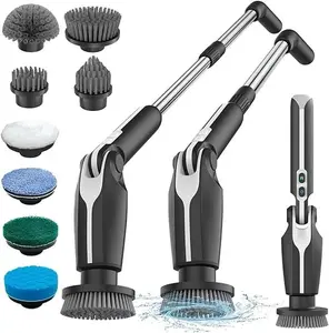 Leebein Electric Spin Scrubber, 2024 Upgraded Electric Scrubber for Cleaning, Spin Scrubber with Long Handle & 8 Replaceable Brush Heads, Remote Control Shower Cleaner Brush for Bathroom, Floor(Black) Cordless Electric