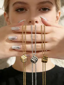 Dice Pendant Necklace, Stainless Steel Material, 3D Stereo Dice Design with Drip Glaze, Hip Hop Street Style, Daily Wear