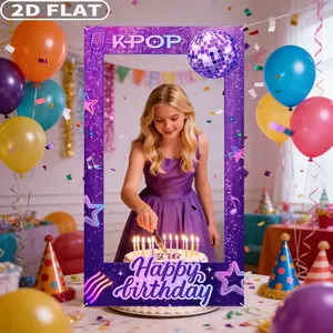 2D FLAT 1pc Purple Disco Ball Party Photo Booth Props with Stars, 35.43x70.87 Inch K-Pop & Microphone Design - Party Decor for Birthdays, Themed Events, Photo Booths - Durable Polyester, Party Decoration Supplies