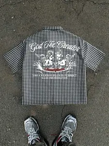 Men's Loose Fit Angel Print Graphics Plaid Checked Short Sleeve Shirt, Streetwear Style, Versatile Casual Top, Summer Fashion, Comfortable Wear