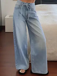 Women's Drawstring Y2K Elegant Casual Back-To-School Style Denim Jeans Wide Leg Pants, Four-Season Fashionable Bottoms for Daily Wear