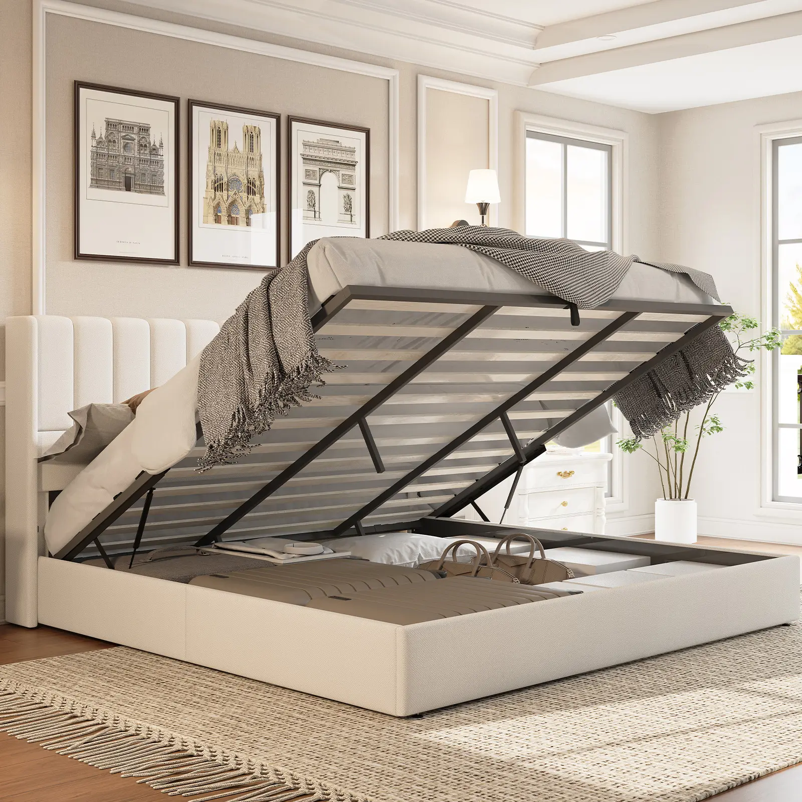 AMERLIFE Lift Up Storage Bed Frame, Linen Upholstered Platform Bed with Vertical Channel Tufted Headboard and Wingback, Hydraulic System, No Box Spring Needed,Best Gift Ideas/Christmas Gifts, Sturdy Bed Frame, Modern Platform Bed