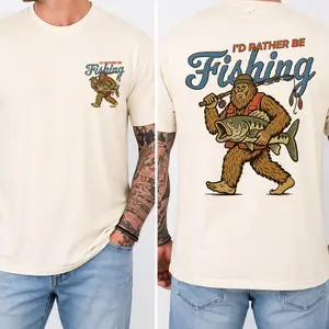 I’d Rather Be Fishing T-Shirt Funny Bigfoot Fisherman Graphic Tee for Men Women Vintage Style Outdoor Fishing Lover Shirt Casual Cotton Top Gift for Anglers Camping Hiking Weekend Wear