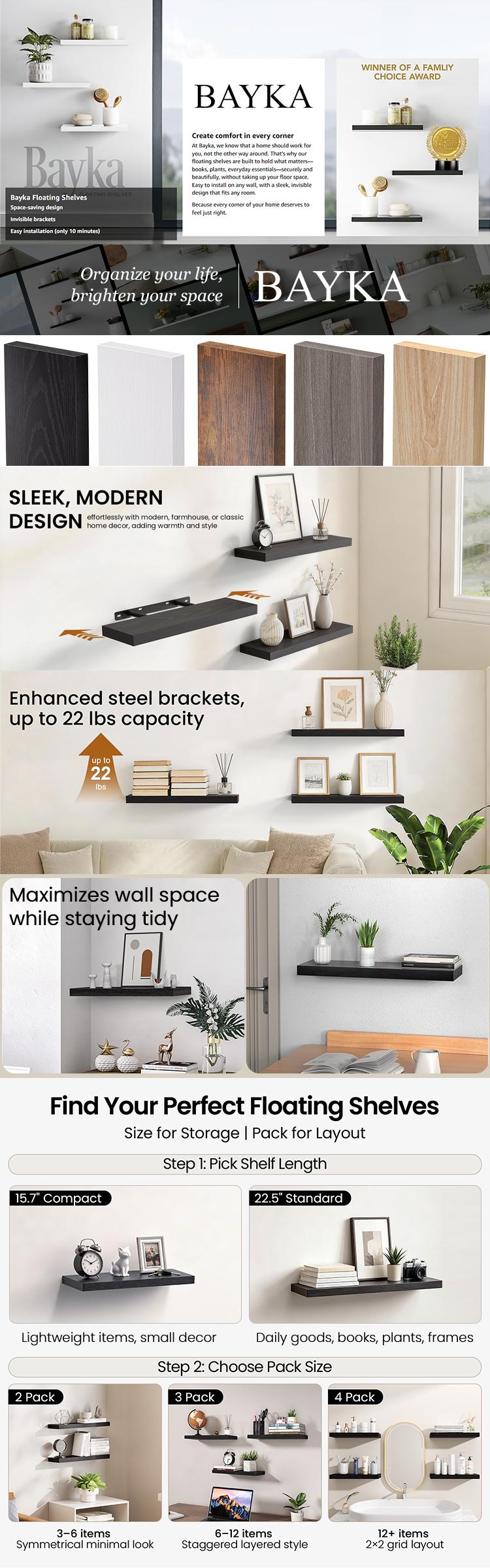 BAYKA Floating Shelves for Wall, Wall Mounted Rustic Wood Shelves for Bathroom, Bedroom, Living Room, Kitchen, Hanging Shelf for Books/Storage/Room Decor with 22lbs Capacity
