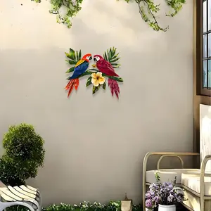 Parrot Tropical Wall Art Decoration Artwork, Artistic Iron Bird Wall Decor Outdoor Garden Patio Fence Home Kitchen Balcony, Indoor Outdoor Hanging Sculpture Tropical Parrot Design Ornaments