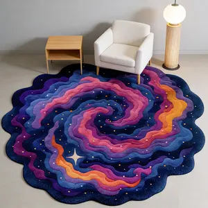 Dreamy Starry Sky Carpet, High Elastic Anti-Slip Girl Style Decorative Rug, Galaxy Wave Edge Print Mat, Luxurious Living Room Bedroom Rug, Round Shape