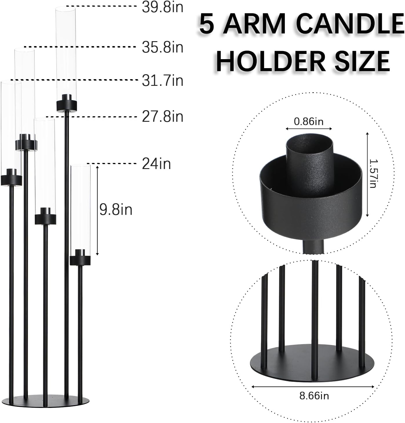 39.8" Matte Black 5-Arm Candelabra with Acrylic Shades,Tall Floor Candle Holder for Wedding Table Birthday Party Home Decoration Fit LED Taper Candles