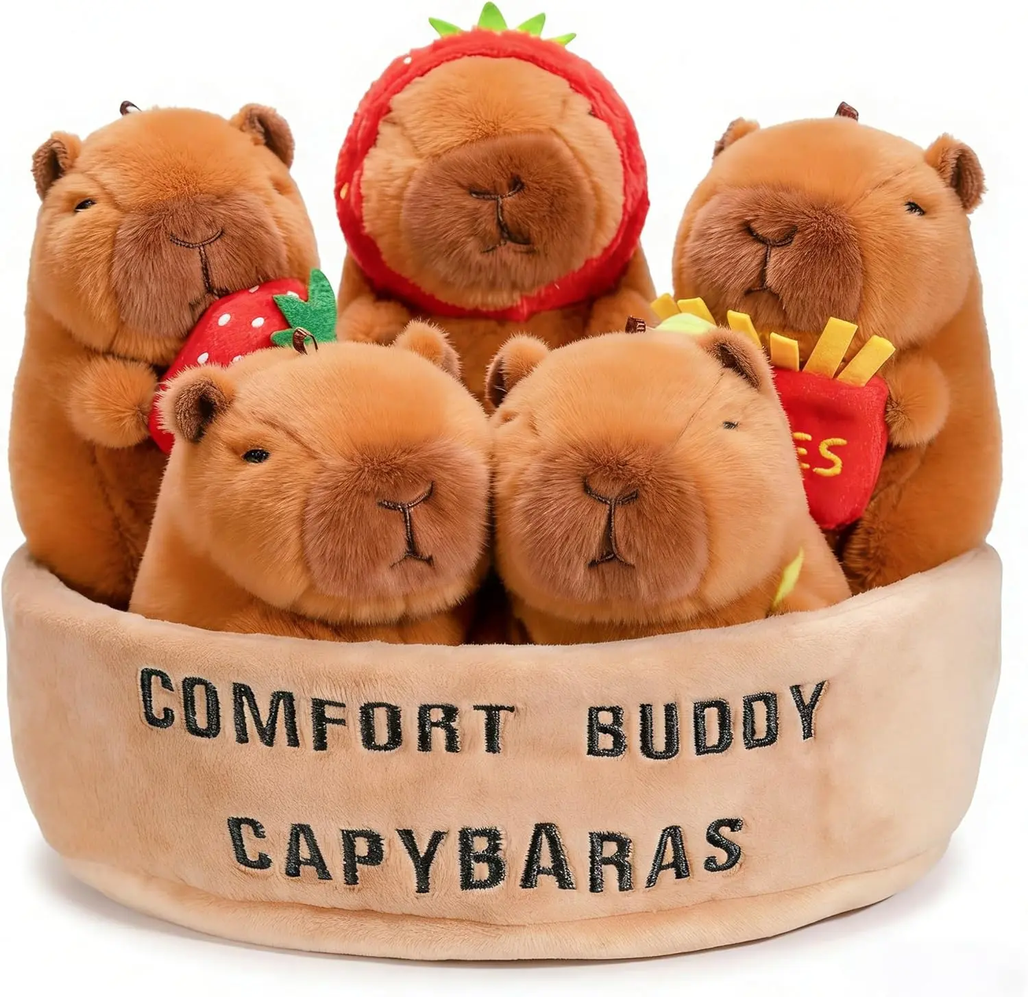 Emotional Support Capybara Plush Set, 5 Soft Squishy Toys | Stuffed Animal with Carrying Basket, Cute Cuddly for Loved Ones of All Ages, Stress Relief Funny Gifts (Capybara)