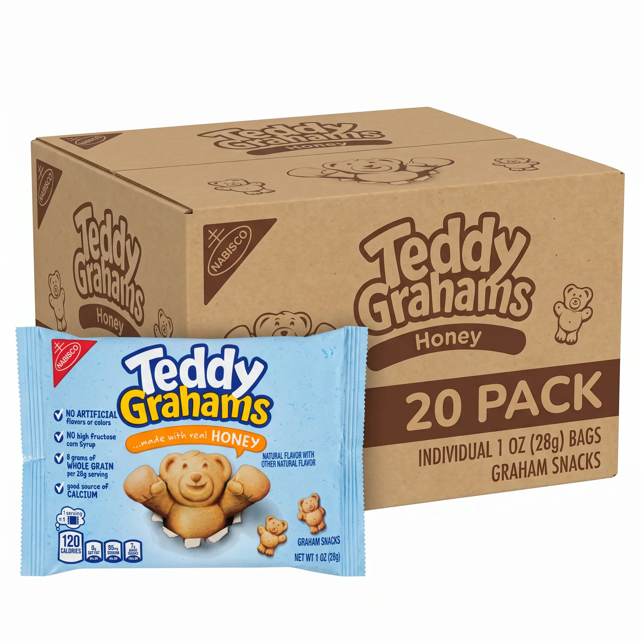 Teddy Grahams Honey Graham Snacks, 20 Pack, 1 oz Bags, Crunchy Bear-Shaped Graham Crackers Made with Real Honey