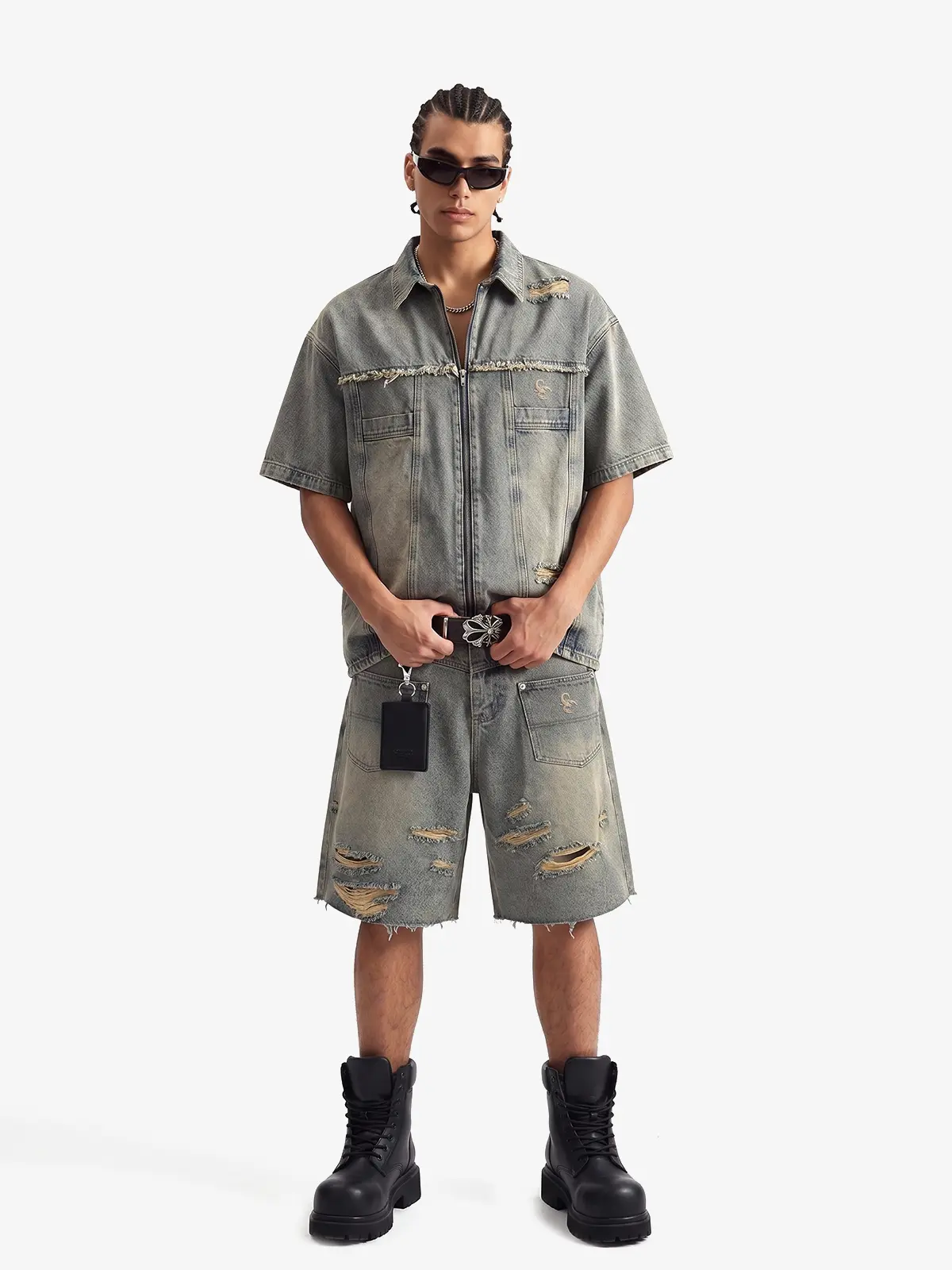 Thesupermade Ripped Distressed Denim Two-Piece Set | Frayed Zip Jacket Shorts Streetwear Suit Men
