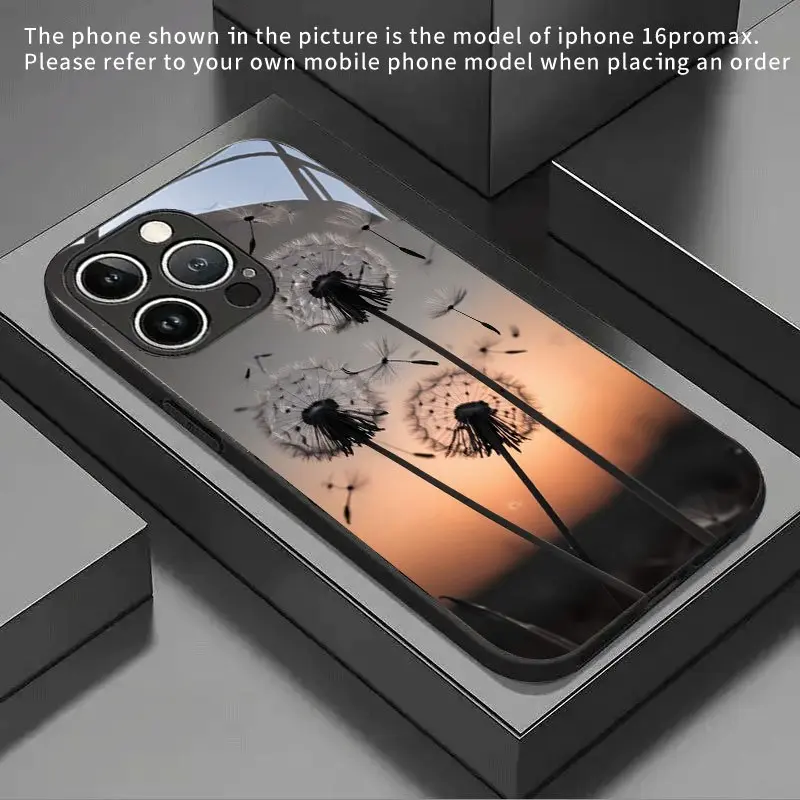This black and white dandelion seed pattern phone case features a skin-friendly feel, a glass-like texture, and a clear glass finish. It's compatible with iPhone 17, 16, 15, 14, 13, 12, 11, and Samsung models. It makes a great gift for friends or family.