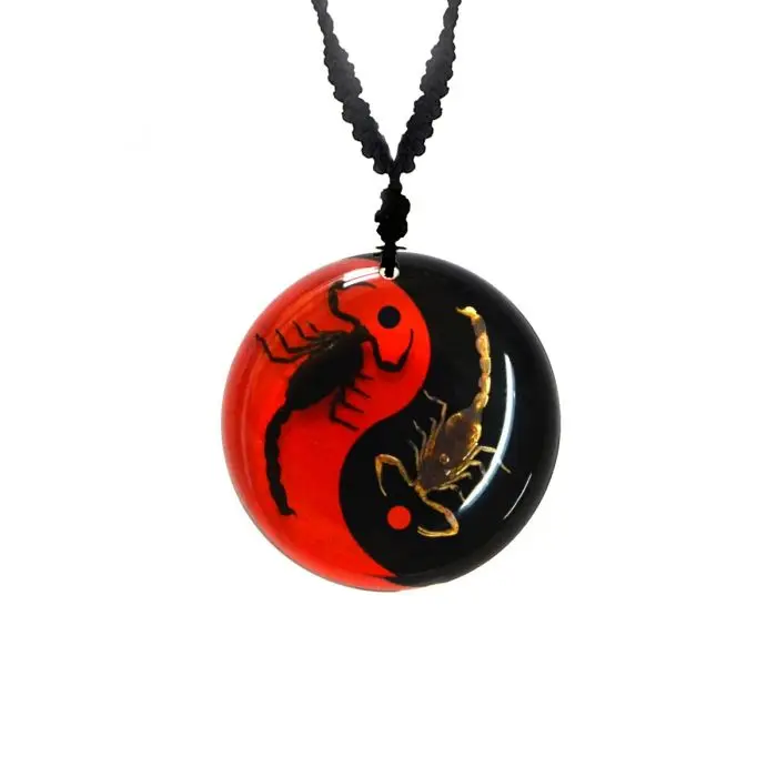 Real Scorpion Small Ying Yang Necklace Black and Red w/ Dots