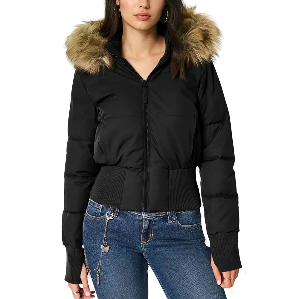 Yimoon Women's Faux Fur Hooded Puffer Jacket, Winter Warm Quilted Zip-Up Coat, Faux Fur Trim Hood, Ribbed Waist & Cuffs,  Lightweight Insulated Outerwear
