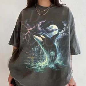 Comfort Colors Vintage Orca Midnight 90s Graphic T-Shirt, Retro Killer Whale Shirt, 90s Ocean Wildlife Lightning Tee