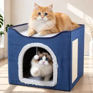 Cat Bed for Indoor Cats - Cat Cave House with Scratch Pad, Hanging Fluffy Ball, Foldable Cat Hideaway 16.5"x16.5"x14"