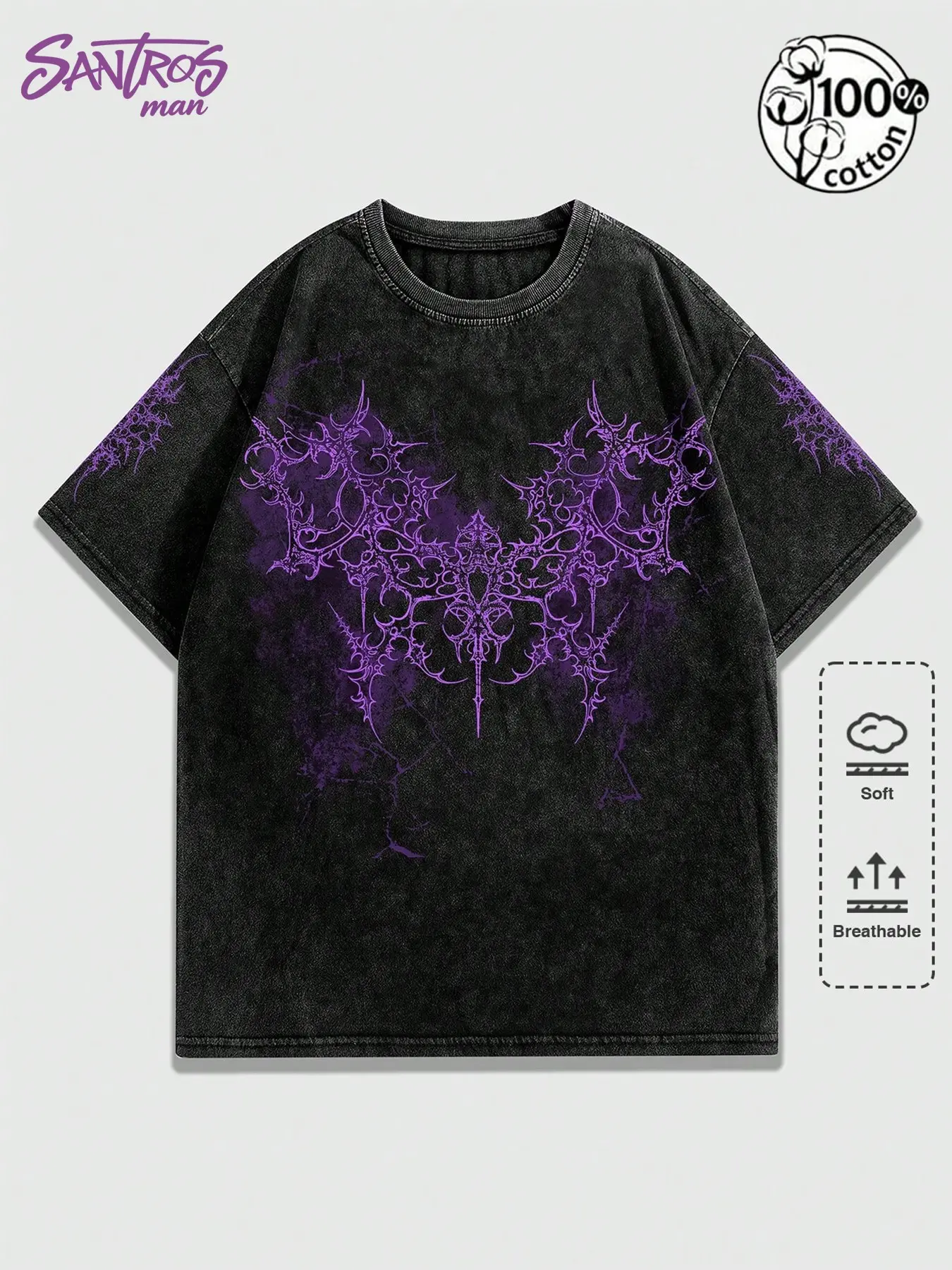 Unisex 100% Cotton Washed Black Oversized Casual T-Shirt with Purple Gothic Butterfly Print Dark Alt Streetwear Top