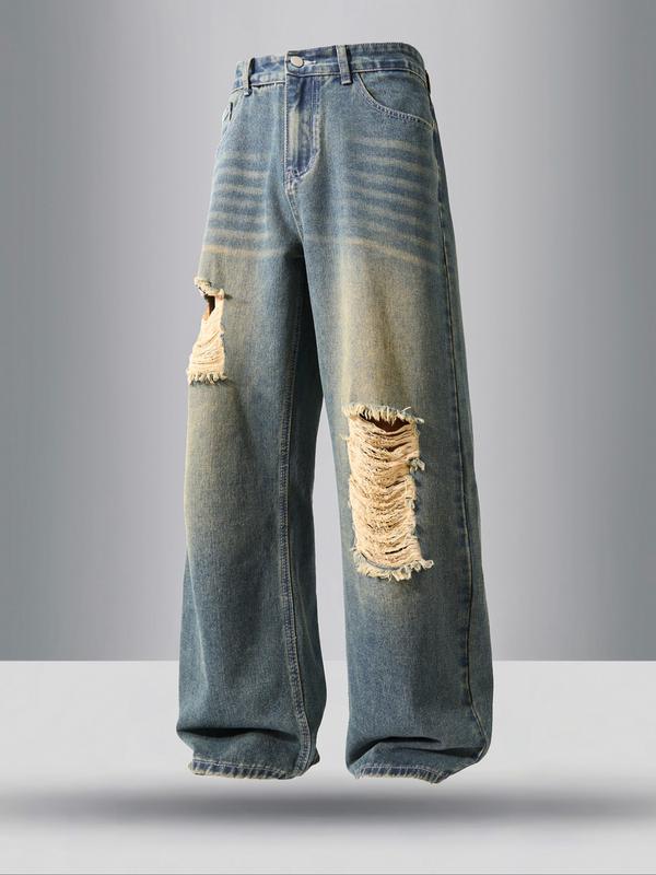 Men's vintage washed loose straight-leg jeans, casual four-season street style, zipper fly, solid color pattern, daily wear denim pants. If you prefer a looser fit, order one size larger.
