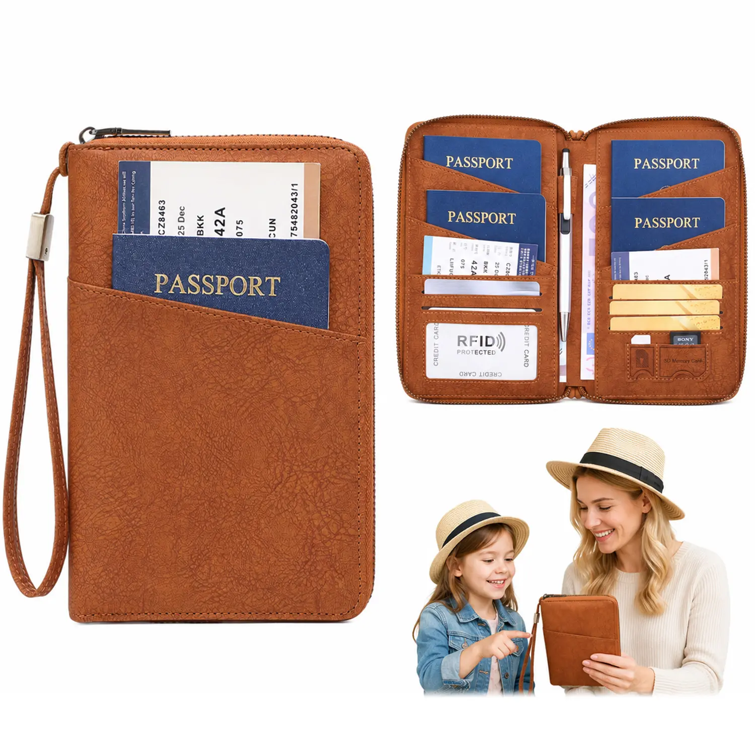 RFID Blocking Passport Holder Wallet, Multi Passport Travel Organizer with Zipper Pocket & Wrist Strap, Family Travel Document Case, Secure Passport Cover for International Trips, Business Travel Essentials