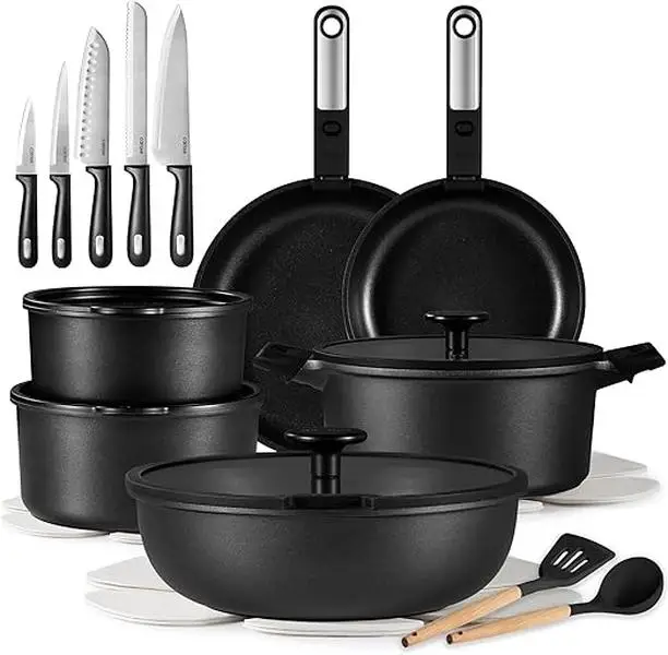 [Official] CAROTE 25pcs Nonstick Cookware Sets with Knife, Pots and Pans Set Nonstick，Kitchen Cooking Set, Premium Induction Cookware,Save storage sp