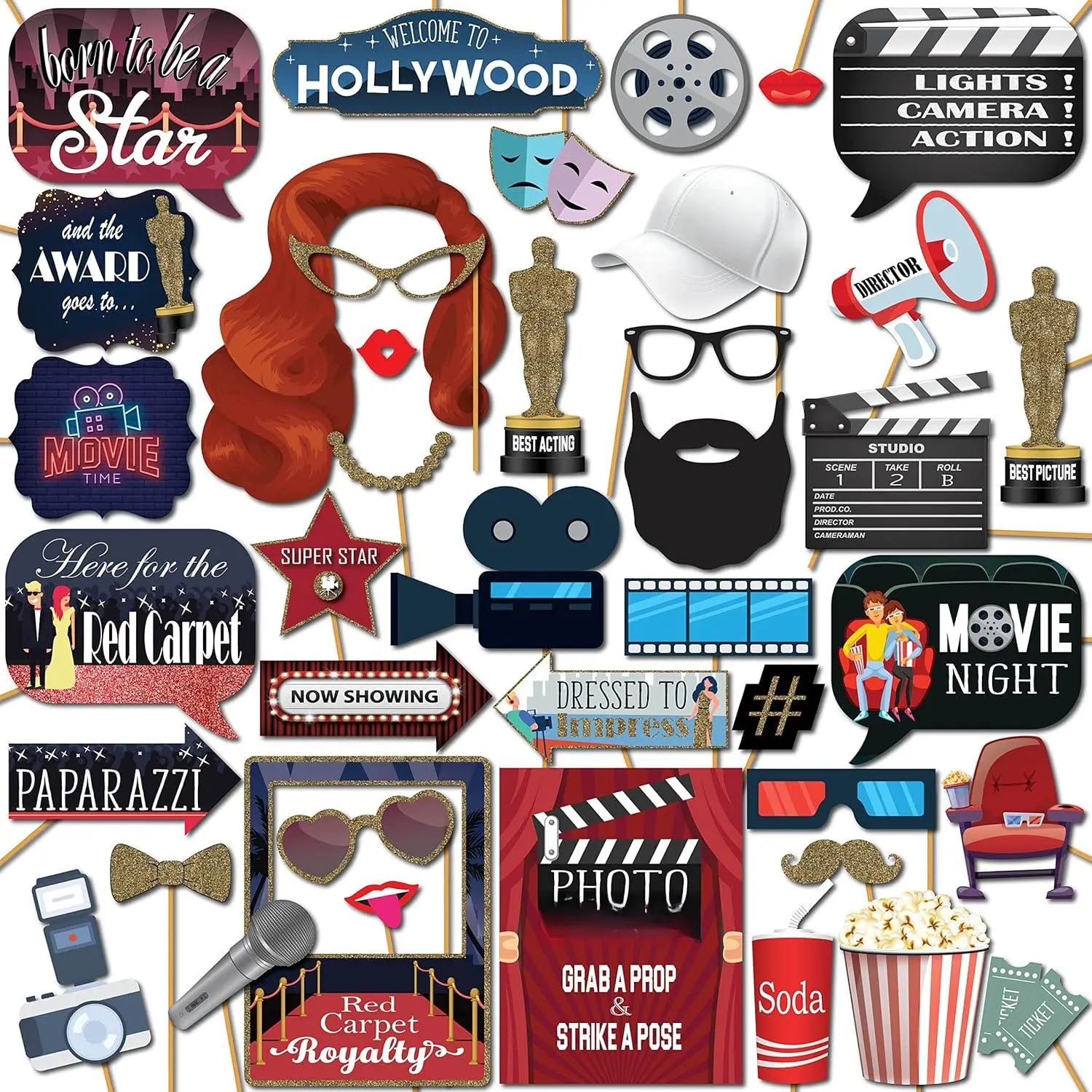 Hollywood Photo Booth Props - 41-pc Photobooth Kit with 8 x 10-Inch Sign  60 Adhesive Pads 45 Sticks Movie Night Supplies Party Decorations