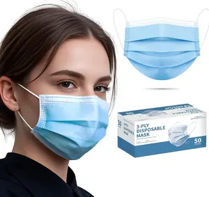 50pcs Blue Disposable Face Mask for Adults , 3-Ply Solid Blue Breathable Earloop Full Face Protection