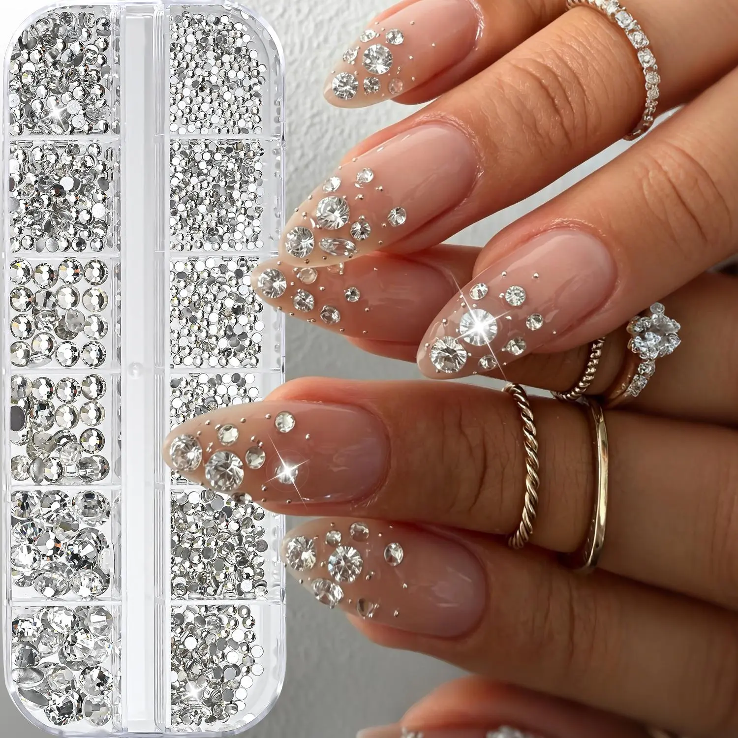 12Grids/Box Mixed Size White Diamond Nail Rhinestone Flash Clear Glass Nail Art Diamond 3D Crystal Diamonds Manicure Accessories