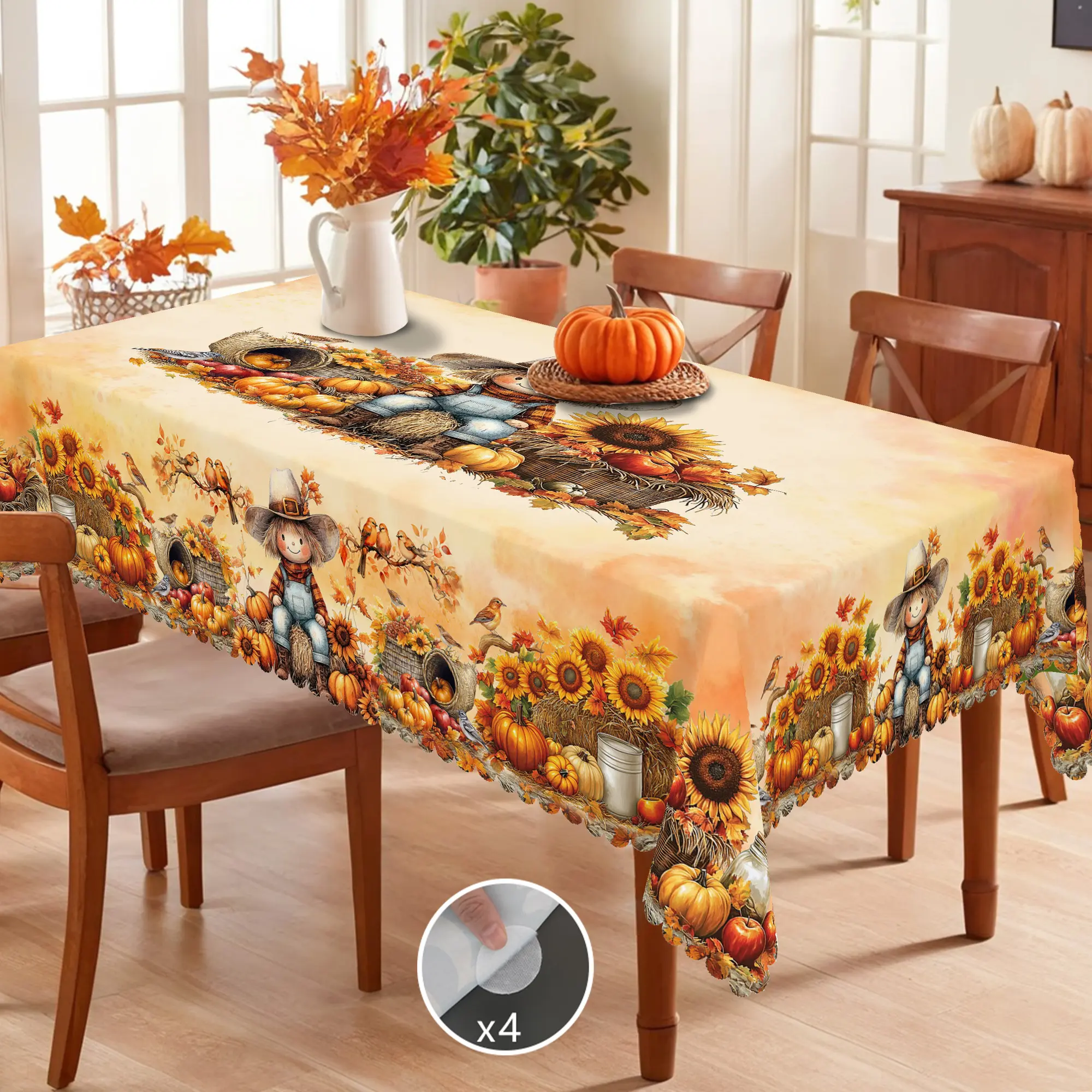 PLUMLIK Vintage Polyester Fall Harvest Tablecloth - White, Rectangle/Round, Scarecrow, Pumpkin, Sunflower, Haystack, Floral Patterns, Holiday Decoration, Flowers, Farmhouse Indoor-Outdoor Party Home Kitchen Accessory