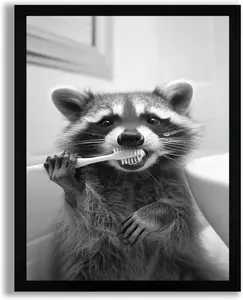 Home Decor Spirit Black and White Bathroom Canvas Wall Art, Funny Raccoon Brushing Teeth Wall Decor, Farmhouse Humor Animal Art Prints for Restroom Decoration Ready to Hang 12x18 Inches UNFRAMED