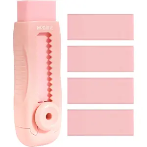 M&G 4+1 Pack Rubber Pink Erasers Sliding Retractable Eraser, Soft Cute Erasers Push Pull Large Pencil Erasers with Plastic Sleeve 4 Refill Eraser for School Students Kids Office Home Supplies