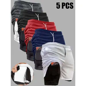 [5pcs High Stretch Sports Shorts] 5pcs Men's 2-in-1 Double Layer Shorts With Inner Pocket, High Stretch Sports Shorts For Summer Gym Workout Training