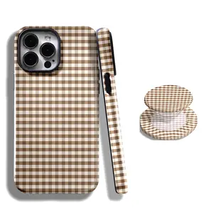 Brown plaid phone case with soft and girly design with iPhone 17, 16, 15, 14, 13, 12, 11, Pro Max and Samsung Galaxy S25, S24, S23, S22, S21