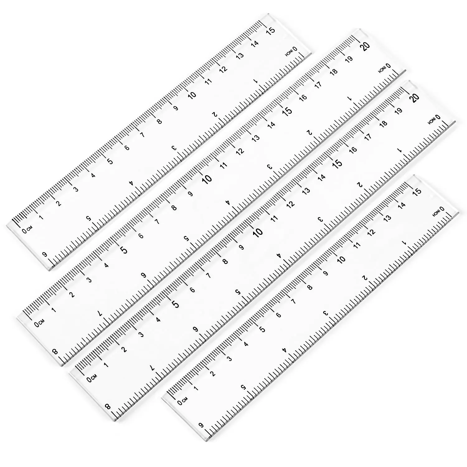 4 Pack Plastic Measuring Tool - 8 inch & 6 inch Straight Ruler with Inches and Metric for School, Office, Construction (Clear, 20cmx2, 15cmx2)