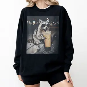 Comfort Colors Raccoon Drinking Iced Coffee Shirt, Retro Prehistoric Shirt, Gift For Animal Lover, Funny Animal Meme Tee, Coffee Raccoon Tee