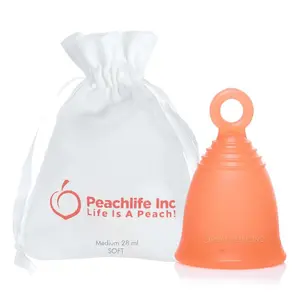 Peachlife Menstrual Cup with Ring Stem Handle, Silicone, Medium Size, Soft Peachcup, Gentle, 12 Hours Protection - Comfort