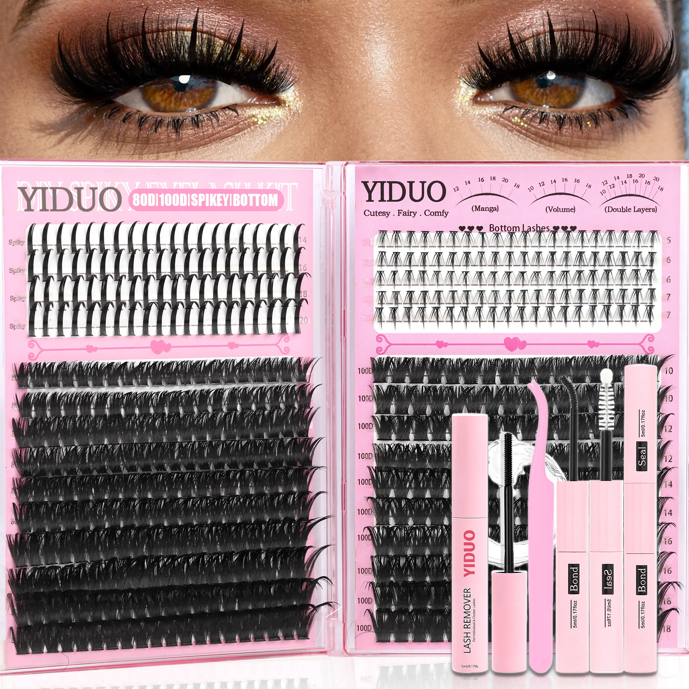 YIDUO Eyelash Cluster Kit Bottom/Spiky/40D/60D/80D/100D  Volume Lash Clusters Kit 5-18mm Volume D-Curly Eyelash Extensions Kit with Eyelash Glue, Lash Bond and Seal Tweezers Remover DIY at Home Easily