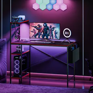 44-Inch Carbon Fiber Gaming Computer Desk with Durable Steel Base, Power & USB Ports, LED Lighting, Desk-Included Computer Armoires, Modern Side Table for Office & Commercial Use,summerwins