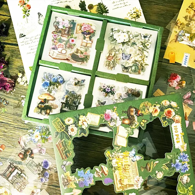 Vintage Fairy Stickers 100pcs, Aesthetic Stickers, Floral Pattern Sticker, Transparent Floral Butterfly Designs, Perfect for Scrapbooking & Journaling, Decorative Craft Supplies