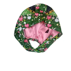 Jamaican Themed Satin Lined Nurse Cap with Green Floral Print and Pink Lining