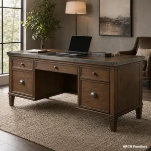 ARCH 70 Inch Extra Large Classic Traditional Executive Desk with Metal Edge Trim, 2 File Drawers, USB Ports and Outlets, Hidden Compartment, Writing Desk for Home Office, Study Room, Living Room, Large Workstation, Brown Wood Finish