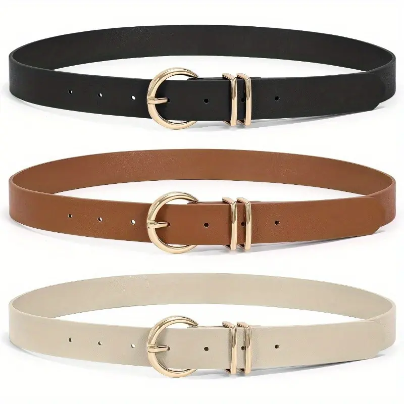 Women's 3-Pack Faux Leather Casual Waist Belt - Solid Color Style with Golden Square Buckle for Jeans, Pants, Solid Color Belt Stylish Belts Reversible Belt