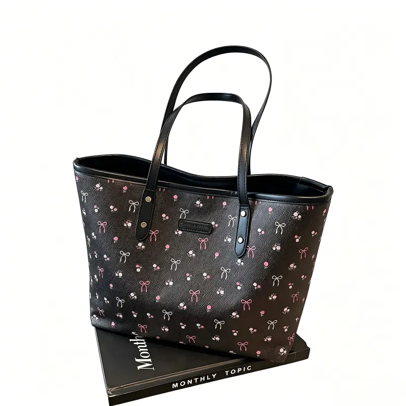 Women PU Leather Tote Bag with Floral Bow Print Large Capacity Crossbody Shoulder Bag for Daily Commuting Shopping Office University Use Lightweight Soft Structured Design