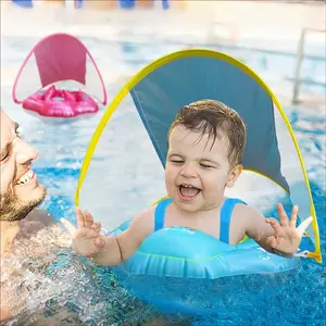 Inflatable Swim Ring with Canopy, PVC Swim Ring with Sunshade, Water Play Sun Protection Lifebuoy, Beginner Swimming Inflatable Swim Ring