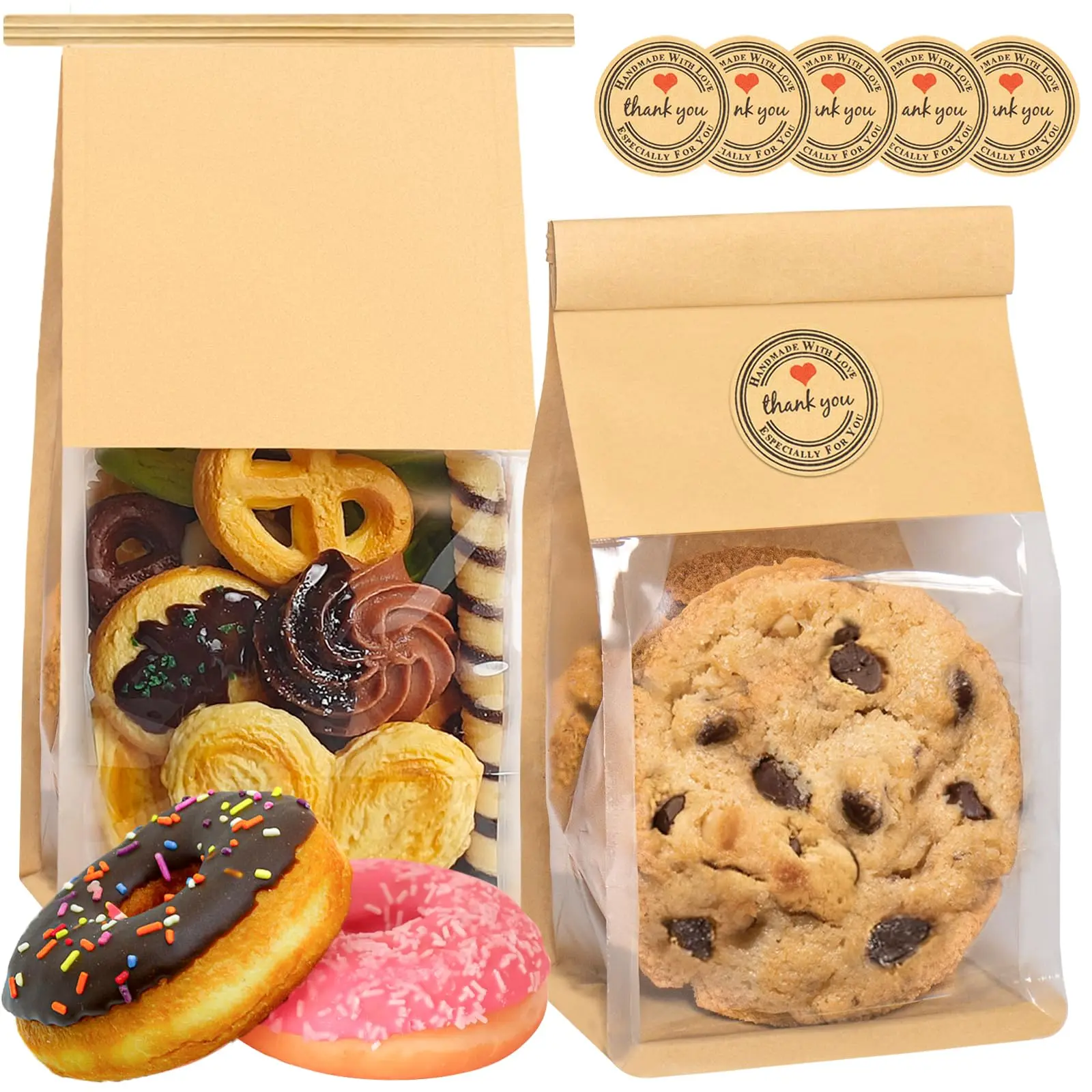 50 Pack Cookie Bags with Seal, Tin Tie Tab Lock Bakery Bags with Window Resealable Paper Packaging Bag for Muffin, Granola, Candies, Scone, Brownie, Included 100PCS Stickers