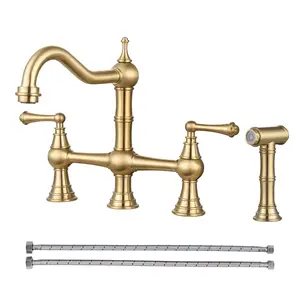WOWOW High Arc Brass 4-Hole 8-Inch Centerset Bridge Kitchen Faucet with Double Handles and Faucet Sprayer Attachment for Kitchen Sink, High Arc Faucet