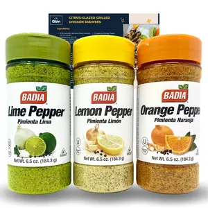 Badia Citrus Bundle - Lemon 6.5 Oz, 6.5 Oz, Lime 6.5 Oz-Qbin Recipe Card - Variety Pack of 3 Flavor Spice lime pepper,lemon pepper,and orange pepper